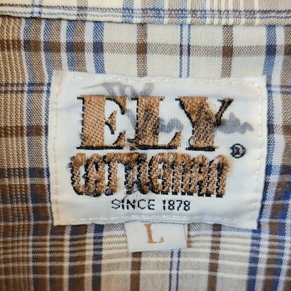 Vintage Ely Cattleman Western Pearl Snap Shirt Brown Blue Plaid Long Sleeve L - Picture 2 of 13